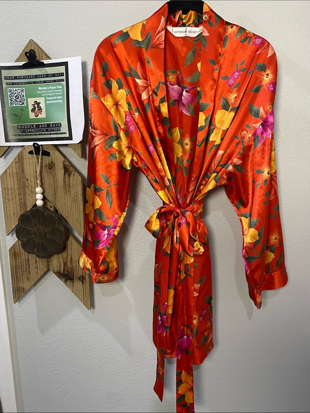 Victoria's Secret Vibrant Orange Floral Satin Kimono with attached belt +pockets